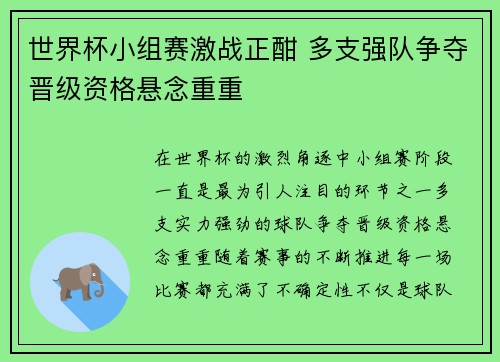 世界杯小组赛激战正酣 多支强队争夺晋级资格悬念重重