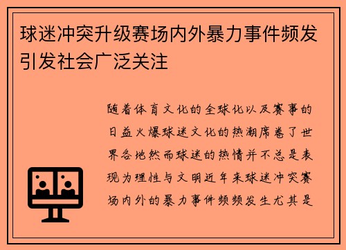 球迷冲突升级赛场内外暴力事件频发引发社会广泛关注