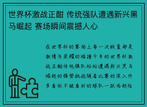 世界杯激战正酣 传统强队遭遇新兴黑马崛起 赛场瞬间震撼人心