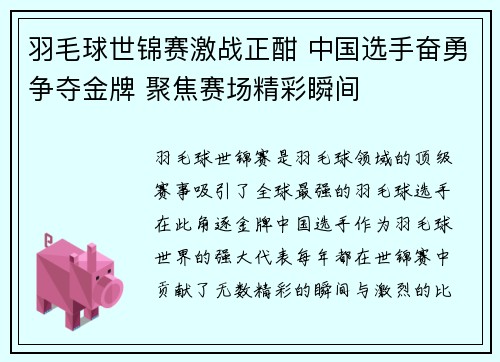 羽毛球世锦赛激战正酣 中国选手奋勇争夺金牌 聚焦赛场精彩瞬间
