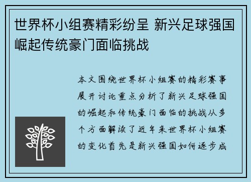 世界杯小组赛精彩纷呈 新兴足球强国崛起传统豪门面临挑战